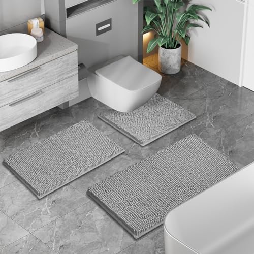 Image of RUN HELIX 3 Piece Bathroom Rug Set Non Slip 3 Piece Bath Rug Set Ultra Soft Bath Rug,Absorbent Shaggy Bath Mat,Perfect Plush Bathroom Mats Sets with U-Shaped Toilet Mat