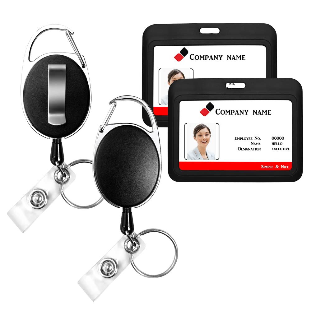 HiCycle2HiCycle2 Horizontal Card Holder，2pcs Hard Plastic ID Credit Card with Carabiner Reel Clip for Office School IDs Credit Cards Driver’s Licenses and Passes (Black)