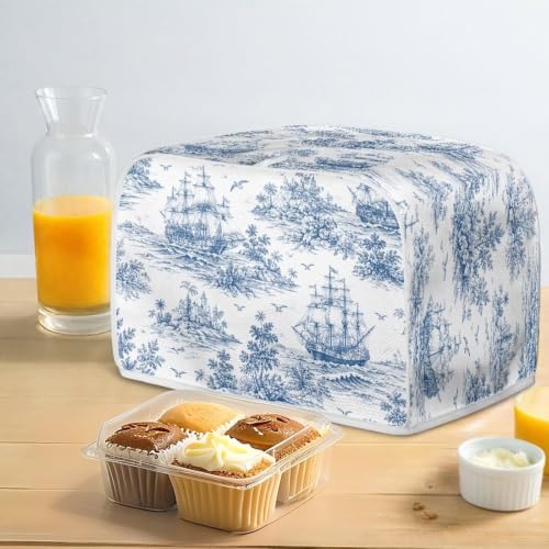 Image of Talayituse Toile De Jouy Sailboat Print 2 Slice Toaster Dust Covers Kitchen Small Appliance Cover, Stain Resistant Dust Protection Bread Machine Cover with Top Handle, S
