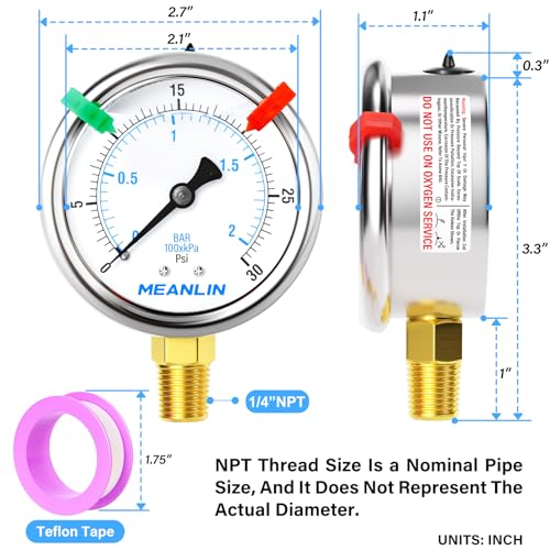 Image of MEANLIN MEASURE 0~30Psi Liquid Filled Pressure Gauge 1 /4 inch NPT 2.5 inch FACE DIAL Stainless Steel Glycerin Filled WOG Water Oil Air Lower Mount (with 2PCS Snaps)