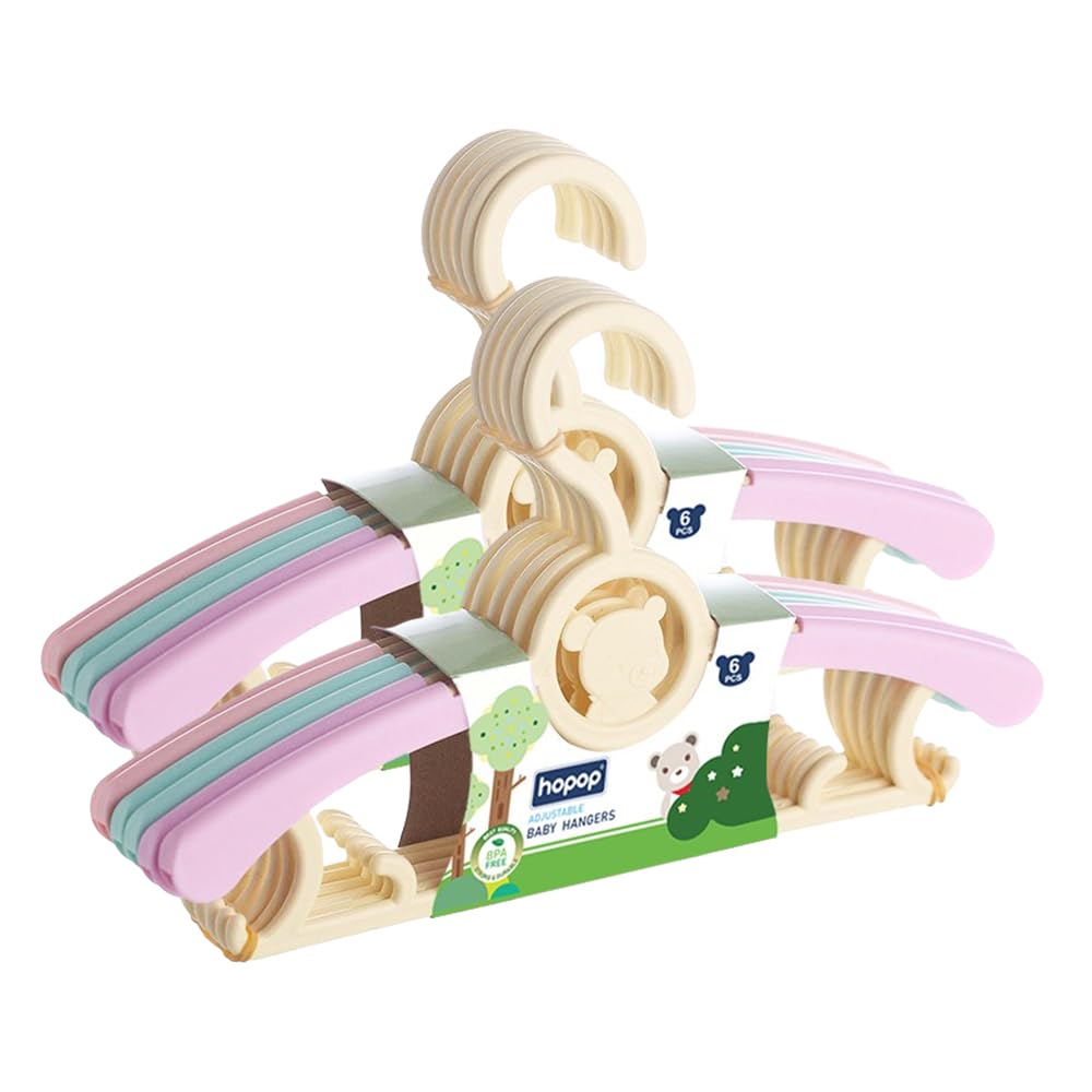 - Hopop Kids Hanger | Telescopic Adjustable Anti Slip Plastic Hanger for Baby & Kids Clothes | Extendable for Wardrobe | Multicolour (Pack of 12)