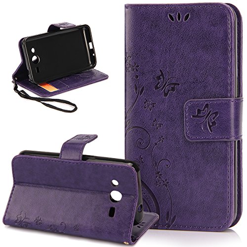 Compatible avec Coque Galaxy Ace 4 Etui Motif Embosser Fleur de Papillon Housse Cuir PU Etui Housse Coque Cuir Portefeuille Protection supporter Flip Case Etui Housse Coque pour Galaxy Ace 4,Violet