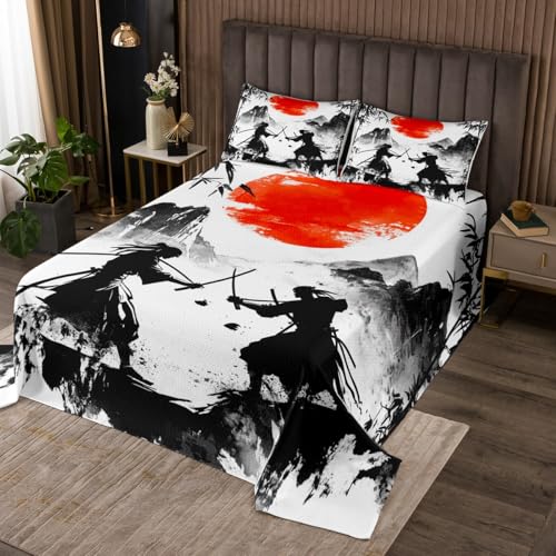 Japanese Samurai Bedspread King Size, Black Bamboo Mountain Red Sun Print Coverlet Set 3pcs, Retro Fashion Ink Art Quilted Coverlet with 2 Pillowcases, Kids Boy Girls Room Decor