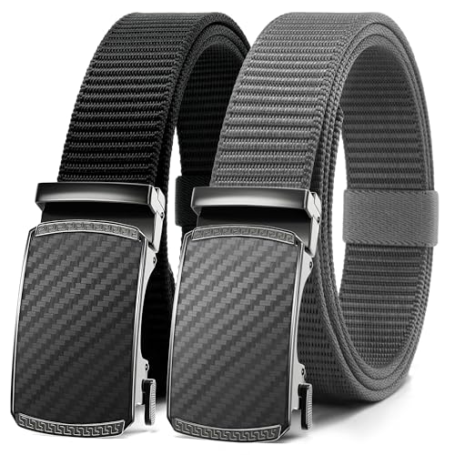 Image of Chaoren Leather Ratchet Belt 2 Pack Dress with Click Sliding Buckle 1 3 /8 inch in Gift Set Box - Adjustable Trim to Fit