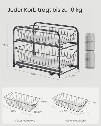 SONGMICS Küchen-Organizer, Küchenregal, Ordnungssystem, 2 Ebenen, stapelbar, erweiterbar, mit Metallkörben, für Küche, Badezimmer, tintenschwarz KCS017B01V1 4