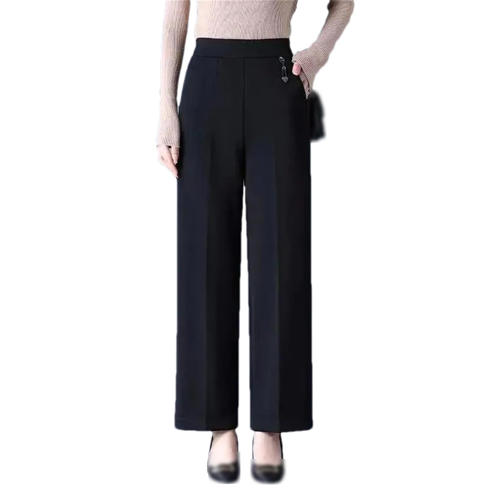 Womens Office Lady Solid Color Loose Wide Leg Pants Spring Autumn Casual Pockets High Waist Business Trousers
