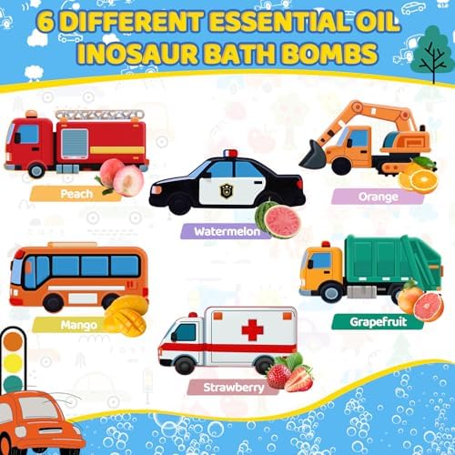 SUYFEIFAN Bath Bombs for Kids, STEM Gifts for Boys Girls Ages 3-12, Handcrafted Car 6 Pack Natural Organic Bubble Bath Bomb Toys, Shaped Like Excavators, Police Car, School Buses, Fire Trucks - 3