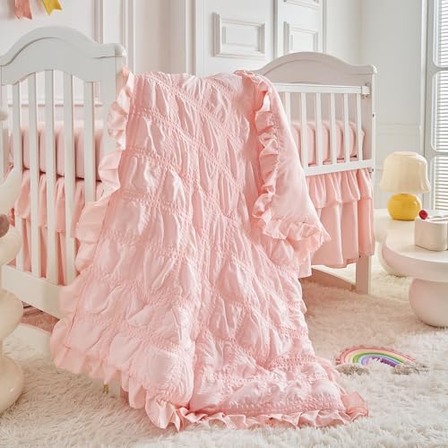 Image of Ruffled Crib Bedding Set Baby Boho Quilted Comforter with Fitted Sheet and Bed Skirt - Cute Soft Breathable Seersucker Ruffled Shabby Chic Bedding Soft Blanket Design - Light Pink