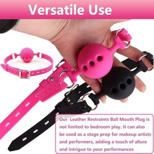 Image of Leather Restraints Ball Mouth Plug Silicone Bondage Ball Gag Hollowed-Breathable Silicone Sex Gag Muzzles Adjustable Strap Bondage Harness Restraints( (Pink-BO4)