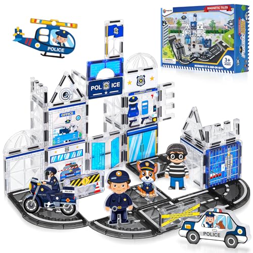 60PCS Police Station Magnetic Tiles Set with 6 Magnetic Dolls,Magnet Tiles Building Blocks for...
