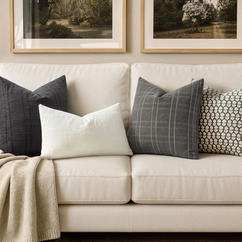 Image of MIULEE Decorative Linen Check Lumar Throw Pillow Covers Neutral Farmhouse Vintage Pillow Covers 24x24 Inch Set of 2 Boho Modern Home Decor for Sofa Couch Bedroom Cushion Chair Charcoal Gray