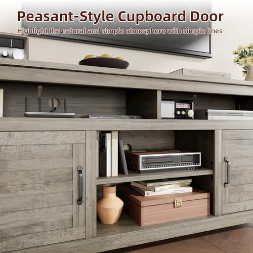 Image of 63 Inch TV Stand for Televisions Up to 70 Inches, Rustic Farmhouse Media Console with Height-Height-Customizable Shelves & Cabinet Doors, Entertainment Center for Living Room or Bedroom,Gray