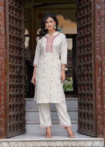 Image of Women's Cotton Embroidered Straight Kurti With Pant and Dupatta Set