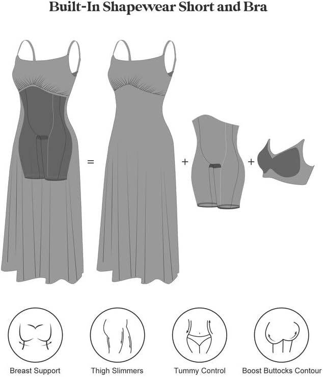 Popilush Shapewear Dress Built in Bra Adjustable Straps Square Neck Summer Formal A-Line Slip Midi Dresses for Women - Image 2