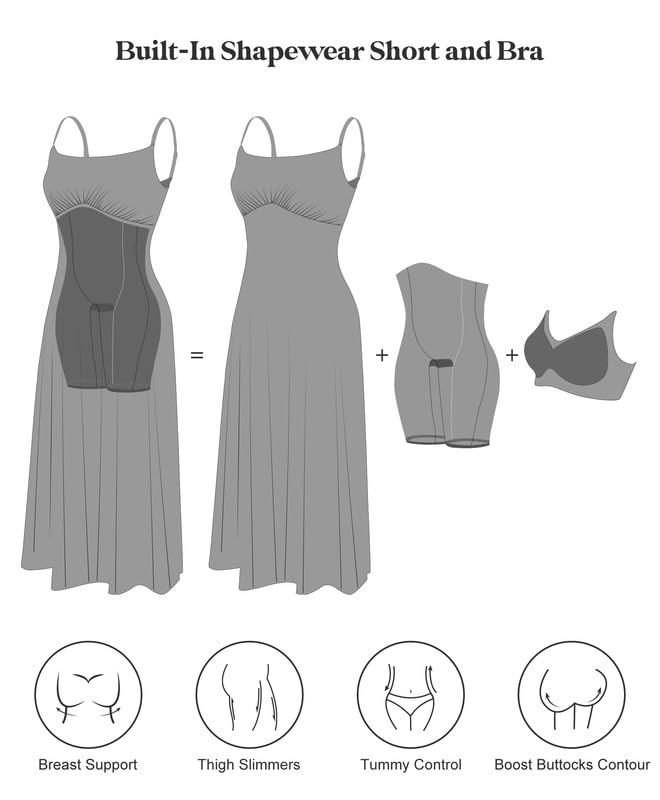 Popilush Shapewear Dress Built in Bra Adjustable Straps Square Neck Summer Formal A-Line Slip Midi Dresses for Women2