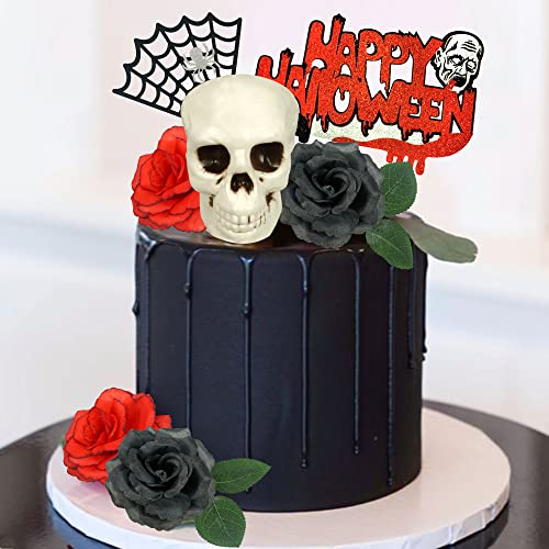 11 Pcs Halloween Cake Topper Flower Cake Topper Ghost Decorations With Skeleton Zombie Tombstone Scarlet Toppers For Halloween Bloody Horror Movie Birthday Party Cake Decorations (Red) #TOP3