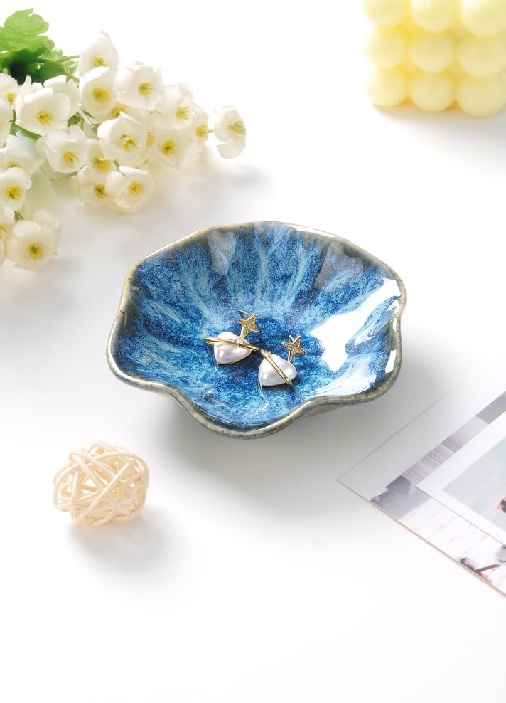 Image of Lotus Leaf Shape Ring Holder Dish, Small Key Bowl, Ceramic Trinket Tray Jewelry Dish Organizing Necklace Earrings for Mom Friend Sister. All Jewelries Are NOT Included. Light Blue.