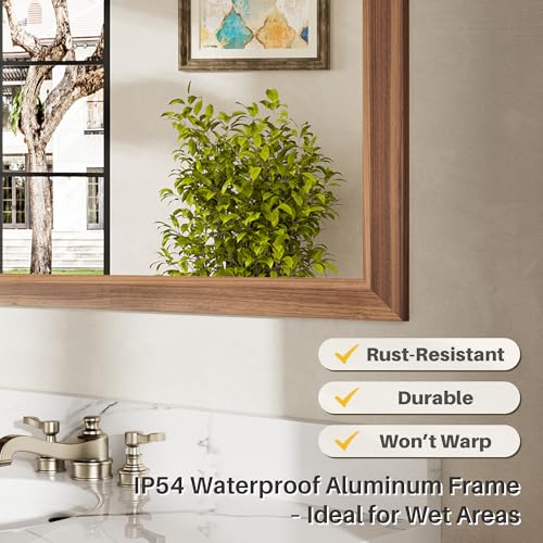 Image of 24x32 Inch Bathroom Mirror for Wall, Anti-Rust Walnut Wood Grain Metal Framed Bathroom Mirrors for Over Sink,Rectangler Mirrors for Bathroom Vanity, Farmhouse, Bedroom, Living Room, Entryway Decor