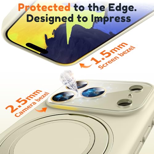 Image of Silicone 360 Spin Magnetic Stand Case for iPhone 17 Pro Max, [Compatible with Mag-Safe][Reinforced Hard Camera Protection] Liquid Silicone Rubber Phone Cover with Ring, Camera Button, Ivory