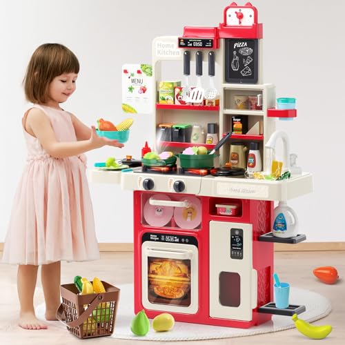 PUPU PIG Play Kitchen, Kids Toy Kitchen Sets with Real Steam, Sounds, Light, Sink, Play Food & Kitchen Accessories, Pretend Kitchen Playset for Toddlers Preschool Children Birthday Gift - Red