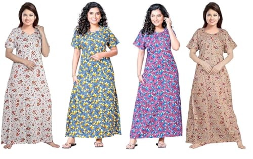 Image of Keyocean Women's Cotton Printed Maxi Night Gown Nighty (Pack of 4)