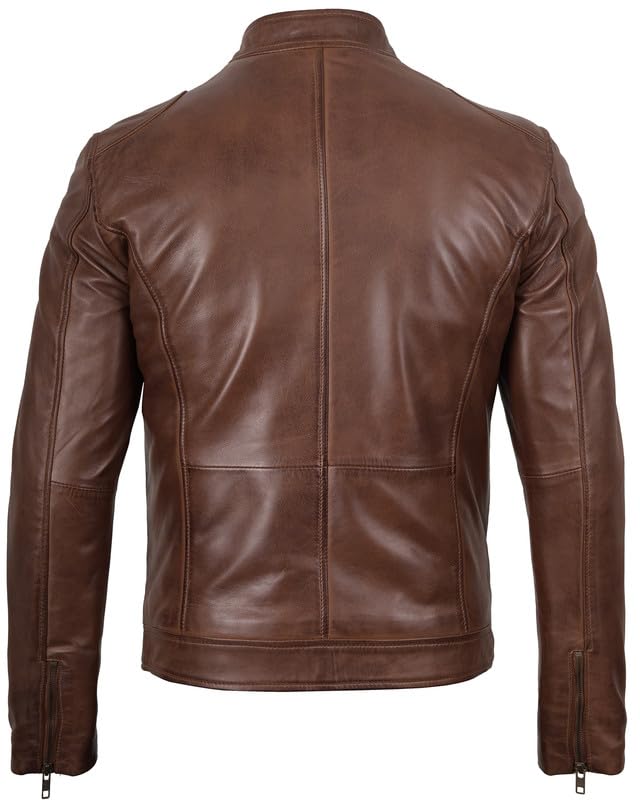 Image of Blingsoul Stylish Black & Brown Cafe Racer Leather Jacket For Men - Real Lambskin Leather Motorcycle Jacket Mens