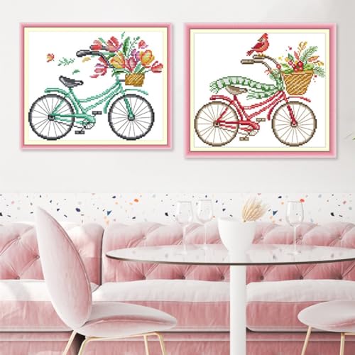Image of Qeerysew Cross Stitch Kits Stamped Full Range of Embroidery Starter Kits for Beginners DIY-Printed Kits Romantic Bike (Winter)(Printed) 13.8x11inches
