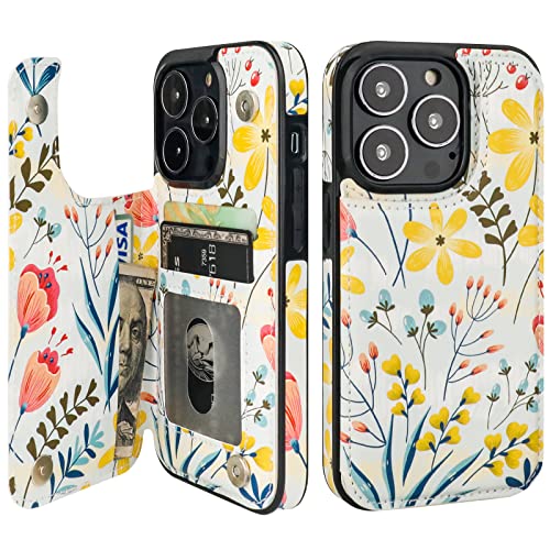 HAOPINSH for iPhone 13 Pro Case Wallet with Card Holder Floral Flower Pattern Back Flip Folio PU Leather Kickstand Card Slots Case for Women Girls Double Magnetic Clasp Shockproof Cover 6.1