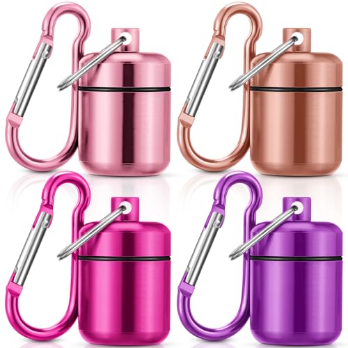 Hicarer 4 Pack Ear Plug Carrying Case Waterproof Metal Ear Plug Holder with Keychain Portable Small Pill Case Container for Earplugs Jewelry Pill Organizer for Travel or Sports(Pink Purple)