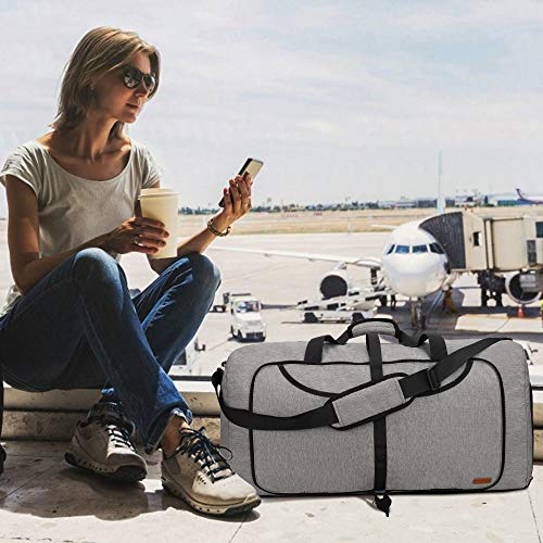 Vogshow Travel Duffel Bag, 75L Foldable Overnight Weekender Bag With Shoes Compartment for Men Women Convertible Luggage Bag Water-Resistant Large Gray
