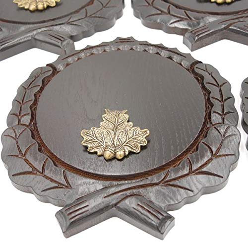 GTK - Juego de 5 placas de cuña talladas oscuras AF 17,5 cm con 5 hojas de roble, portada pequeña, tabla para cuñas, tabla de especias, cartel para trofeos