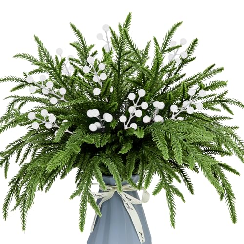 Pack-of-30-Christmas-Norfolk-Pine-Branches-with-Red-Berry-Stems-35cm14-Artificial-Greenery-Norfolk-Pine-Stems-Real-Touch-Fake-Foliage-Picks-for-DIY-Craft-Garland-Home-Decoration-White-berry Pack of 30 Christmas Norfolk Pine Branches with Red Berry Stems 35cm14 Artificial Greenery Norfolk Pine Stems Real Touch Fake Foliage Picks for DIY Craft Garland Home Decoration White berry