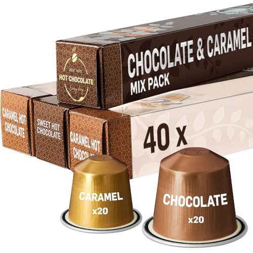 Sweet Hot Chocolate & Caramel Variety Pack | 40 Alu Capsules (2 x 20) | Nespresso Compatible – Delicious for a Family Treat, Enjoy as Hot Cocoa or Add a Sweet Twist to Coffee
