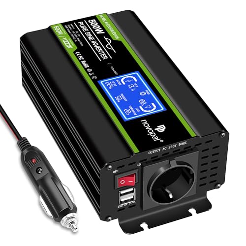 NOVOPAL 500W Onda Pura Inversor 12V a 220V 230V Corriente Convertidor con Pantalla LCD & 2 Puertos USB & 1 Tomas EU y para Coche camión Caravana