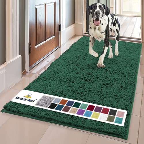 Image of Muddy Mat | Super Absorbent Door Mat Indoor, Microfiber Quick Dry Chenille Entryway Rug, Non-Slip Front Door Mat, Indoor Mats for Entryway, Machine Washable Pet Rug, Dark Green XL 59 inchX35 inch