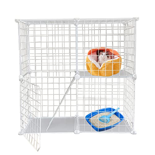Image of 2 Tier Metal Cat Cage Indoor Detachable Cats Cages DIY Pet Playpen Portable Removable Kitten Collapsible Playpen for Small and Medium Cats Kittens Kitty (White 29.52 x 15.35 x 28.74 in)