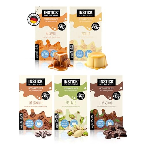 INSTICK Bebida instantánea sin azúcar | Lote de 6-5 paquetes de 12 bolsas cada uno para 12x0,5L | diferentes tipos para leche y sustituto de leche | bebida en polvo - vegana, baja en calorías