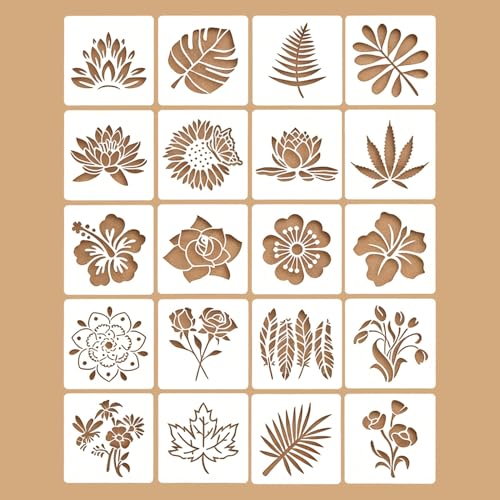 HJACS 20 Pcs Flower Stencils for Painting Reusable Plastic 3×3 Inch Hibiscus Flower Leaves Lotus Stencils Drawing Templates for Crafts DIY Wall Canvas Notebook Knit Card Wood