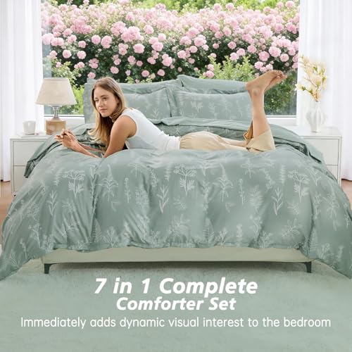 Image of MUXHOMO Full Comforter Set, Sage Green Elegant Floral Print Bed in a Bag 7 Pieces, Ultra Soft & Breathable Reversible Botanical Pattern Bedding Set with Comforter, Sheets, Pillowcases, and Shams