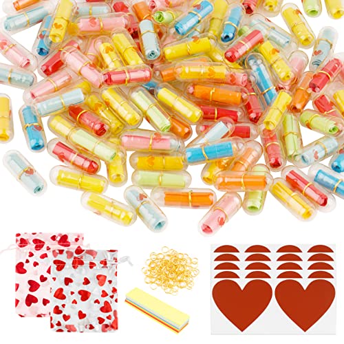 100pcs Capsules Lettre Gélules Message dans Bouteille Couleur Papier Pilule Message et 10pcs Autocollant à Gratter Cœur avec 2pcs Sachet Rouge Organza Décoration Cadeau pour Fête Saint Valentin Noël