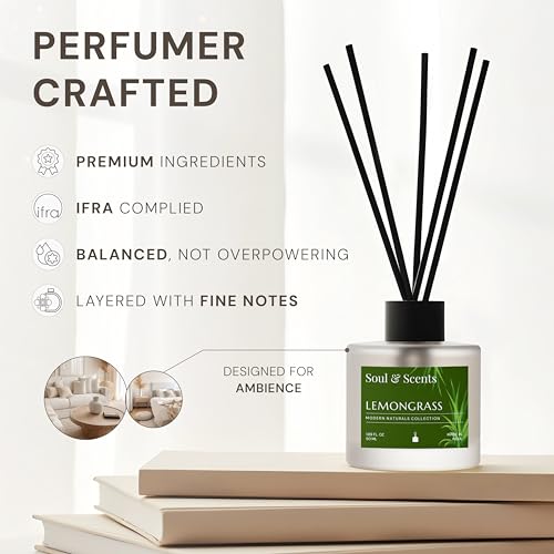 Image of Soul & Scents 50ml Lemongrass Reed Diffuser Set | A Fusion of Zesty Lemon & Lemongrass | Get 5 Rattan Reed Sticks | Smoke Less Room Freshener for Home, Bedroom, Living Room & Office