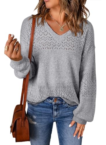 Image of SHEWIN Women's Sweaters Casual Long Sleeve V Neck Crewneck Lightweight Crochet Pullover Sweater Tops