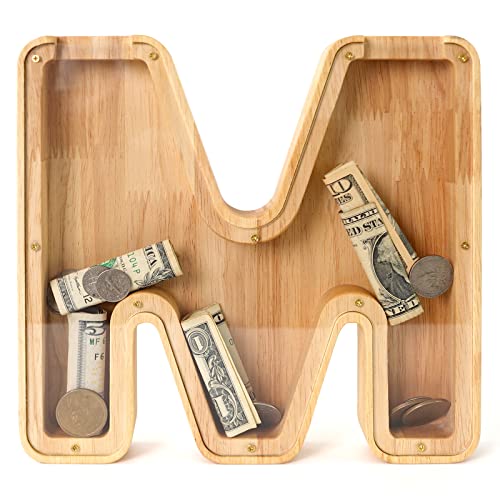 Image of WOOD CITY Letter Piggy Bank for Adults Boys Girls Kids, Wooden 9 inch Large Personalized Bills and Coins Bank Money Box, Customized Name DIY Creative Gift for Real-Money, Alphabet Decorations (M)