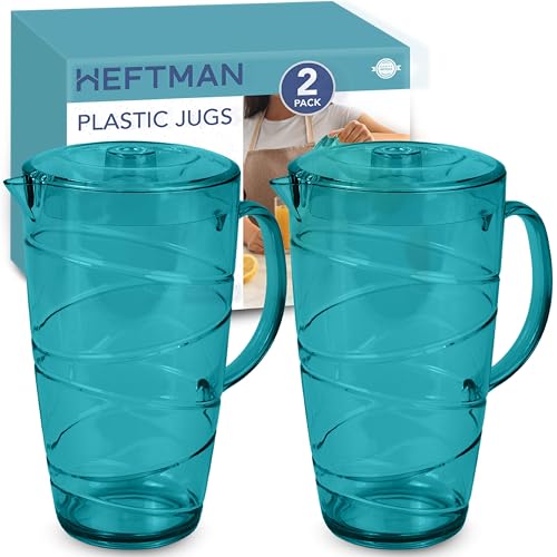HEFTMAN Lot de 2 carafes en plastique bleu de 2 litres avec couvercle et bec ventilé, idéales comme carafe à eau pour barbecues, cocktails, fêtes, camping...