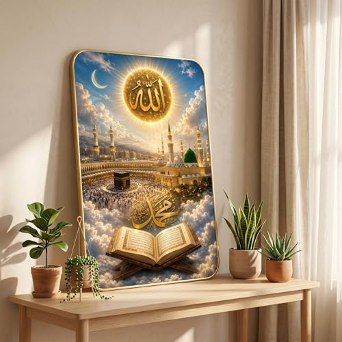Image of SAF Islamic Allah Muhammad Quran Wall Painting with Premium PVC Golden Frame, Kaaba Madina Mosque Cloud Art, Muslim Religious Home Decor for Prayer Room (13x19 Inch) MG-36050
