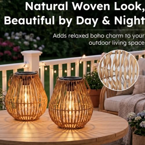 Lyeasw Solar Lantern Outdoor Waterproof, Boho Woven Solar Hanging Lantern Lights, 2 Pcs Decorative Warm White Solar Lights for Garden, Patio, Porch, Balcony, Backyard Decor, Housewarming Gift - image 4