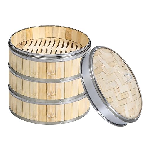 Luminexia Kitchen Bamboo Steamer Basket,2-Tiers/3-TiersSteaming Basket With Stainless Steel Banding,Steaming Pan Steaming Rack Cookware For Cooking Vegetables Meat Fish Rice Dim Sum Buns,9 Sizes