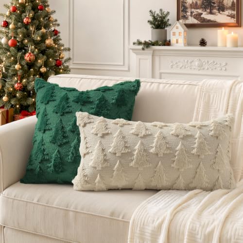 Image of MIULEE Christmas Throw Pillow Covers Lumbar Beige Christmas Decorations Xmas Tree 12x24 Pillow Covers Soft Plush Faux Wool Pillowcases Holiday Festivals Winter Home Decor Sofa Couch Bed Porch