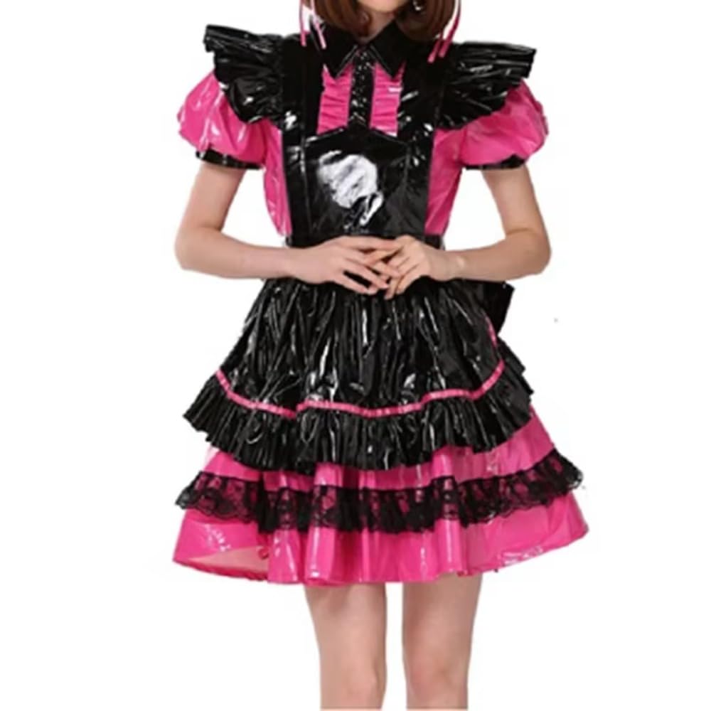 Erfsqiyalhj Unisex Fluorescent Pink Lockable Pvc Puff Sleeve A-Line Dress Halloween Party Cosplay Maid With Apron Lolita Dress (,Xxl)