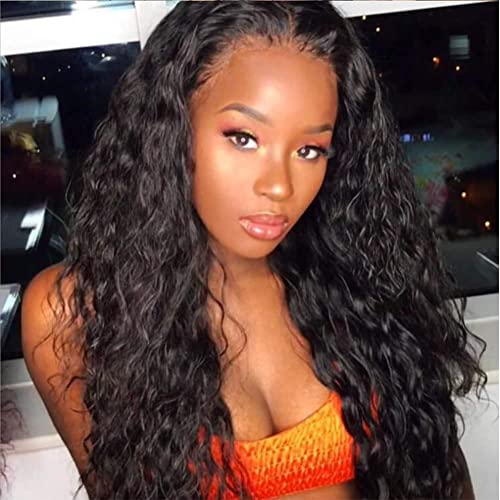 Glowingwin Long Curly Synthetic Wigs for Black Women Black Color Natural Looking None Lace Front Wigs Heat Resistant Fiber Wigs Glueless Curly Wigs